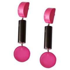 80s Black & Pink Acrylic Memphis Style Drop Statement Earrings By Judith Hendler