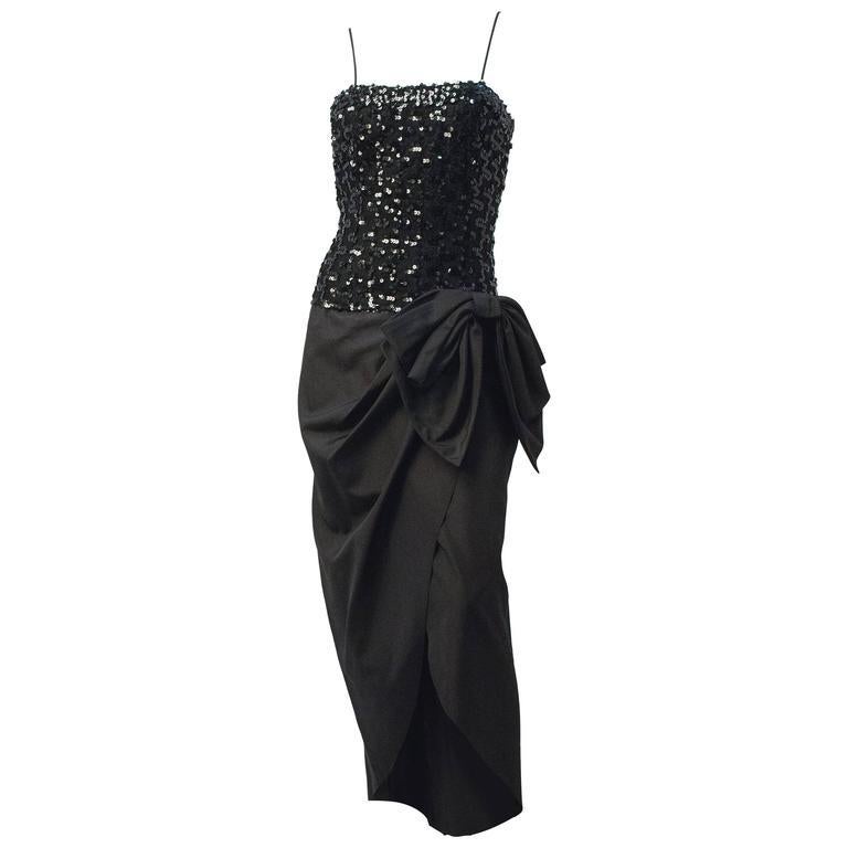 Women's 80s Black Sequin Cocktail Dress For Sale