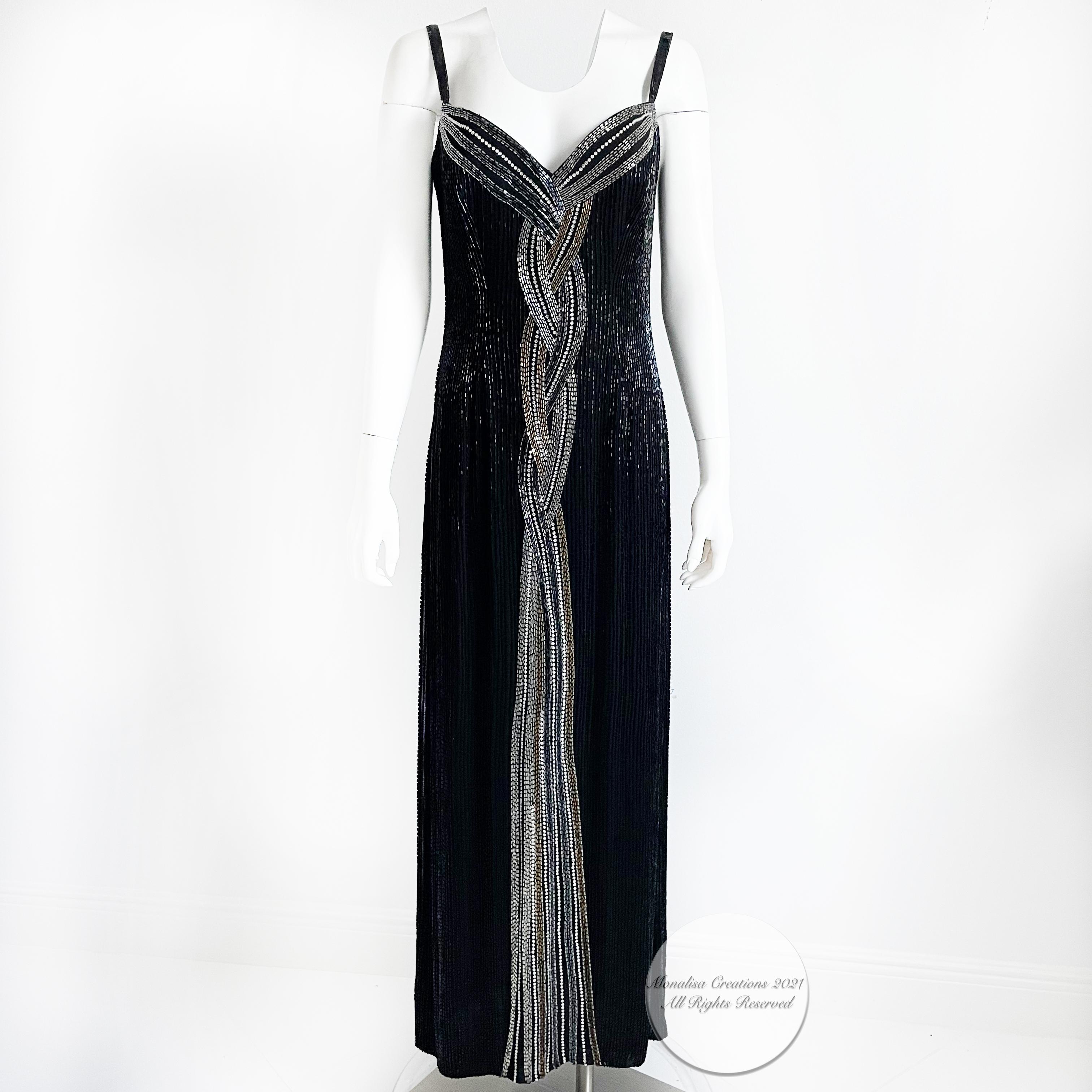80s Bob Mackie Evening Gown Embellished Beaded Black Silk Formal Dress Size 10  In Fair Condition In Port Saint Lucie, FL