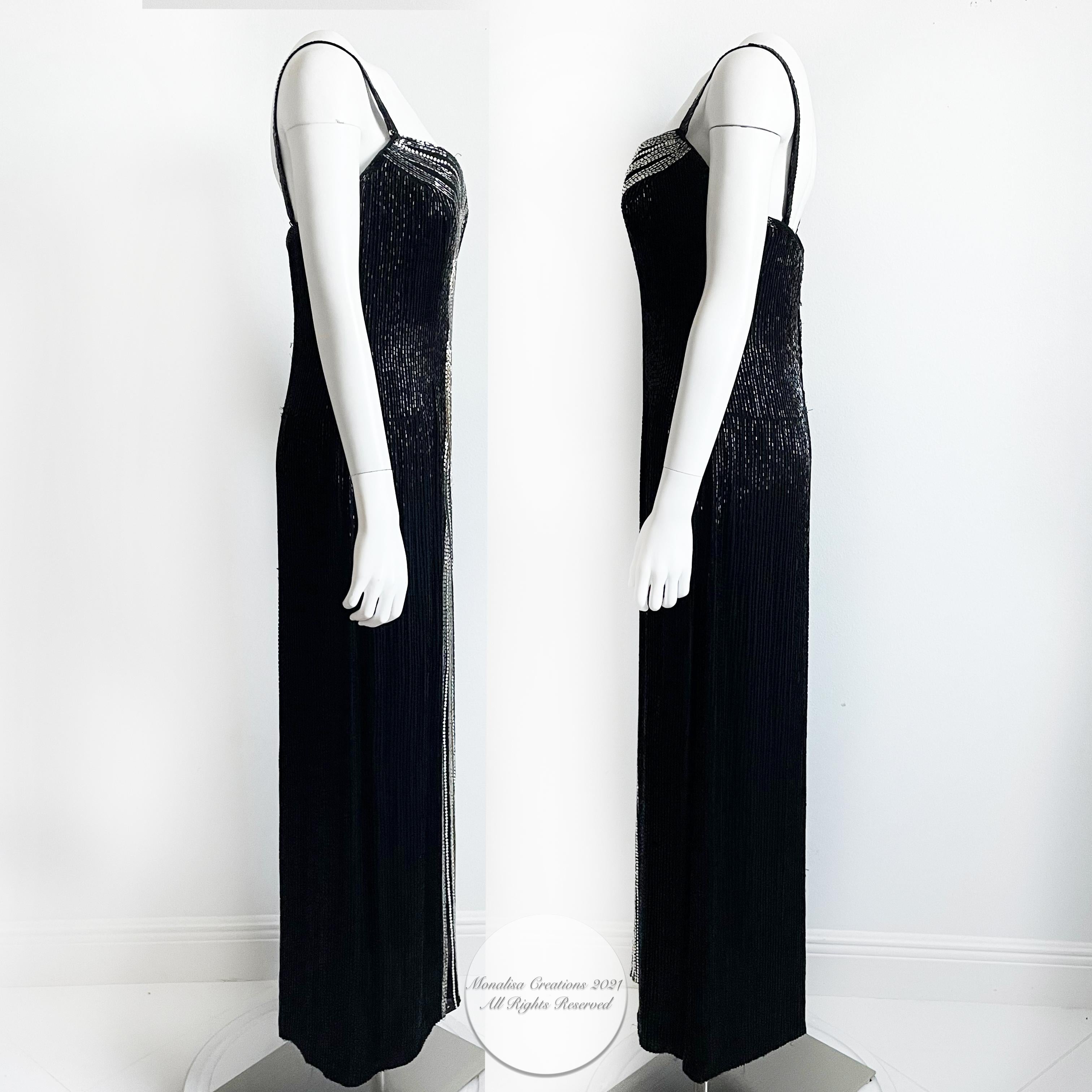 80s Bob Mackie Evening Gown Embellished Beaded Black Silk Formal Dress Size 10  1
