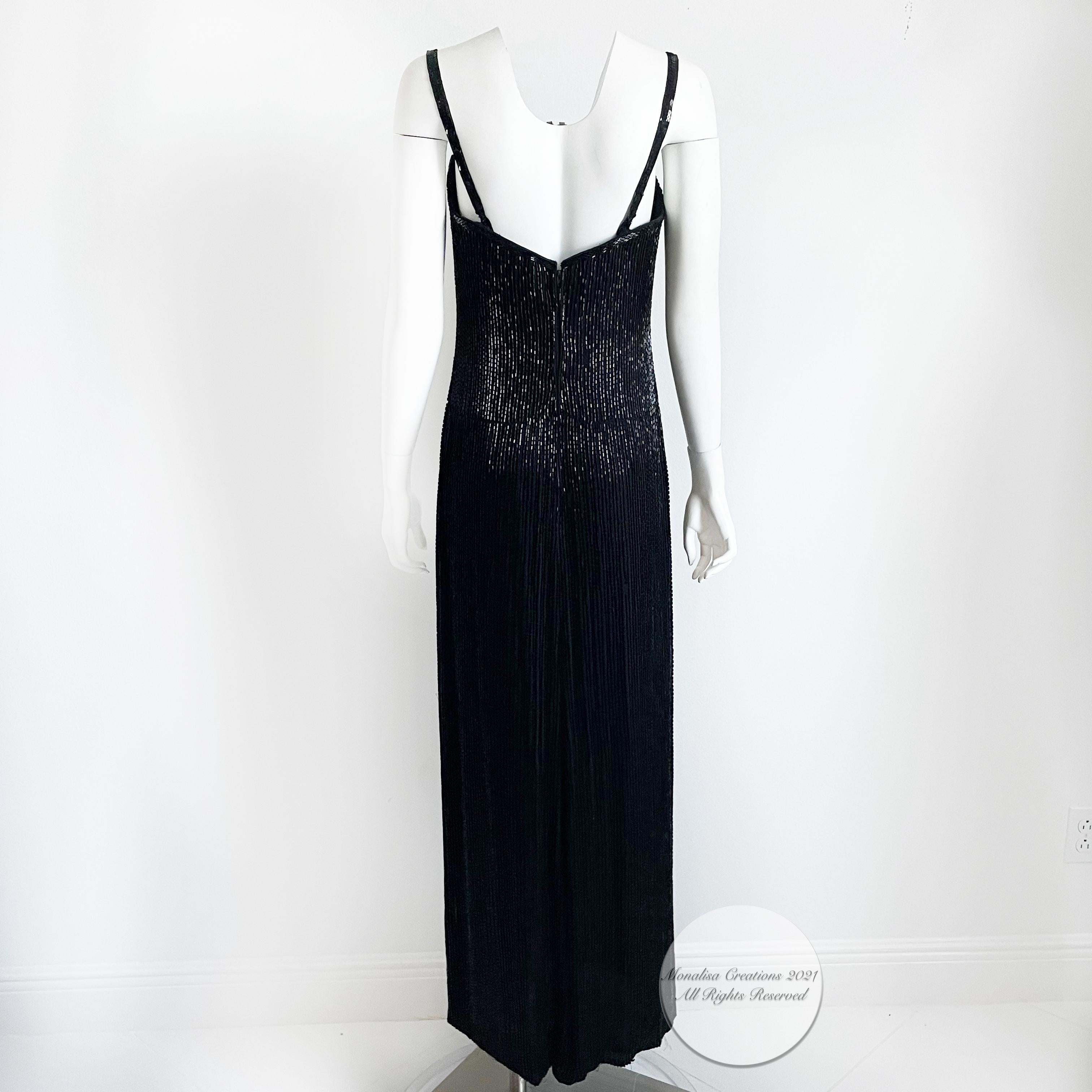 80s Bob Mackie Evening Gown Embellished Beaded Black Silk Formal Dress Size 10  3