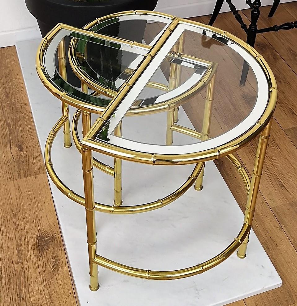 Italian Brass and Mirror Glass Bamboo Hollywood Regency Nesting Round Coffee Tables