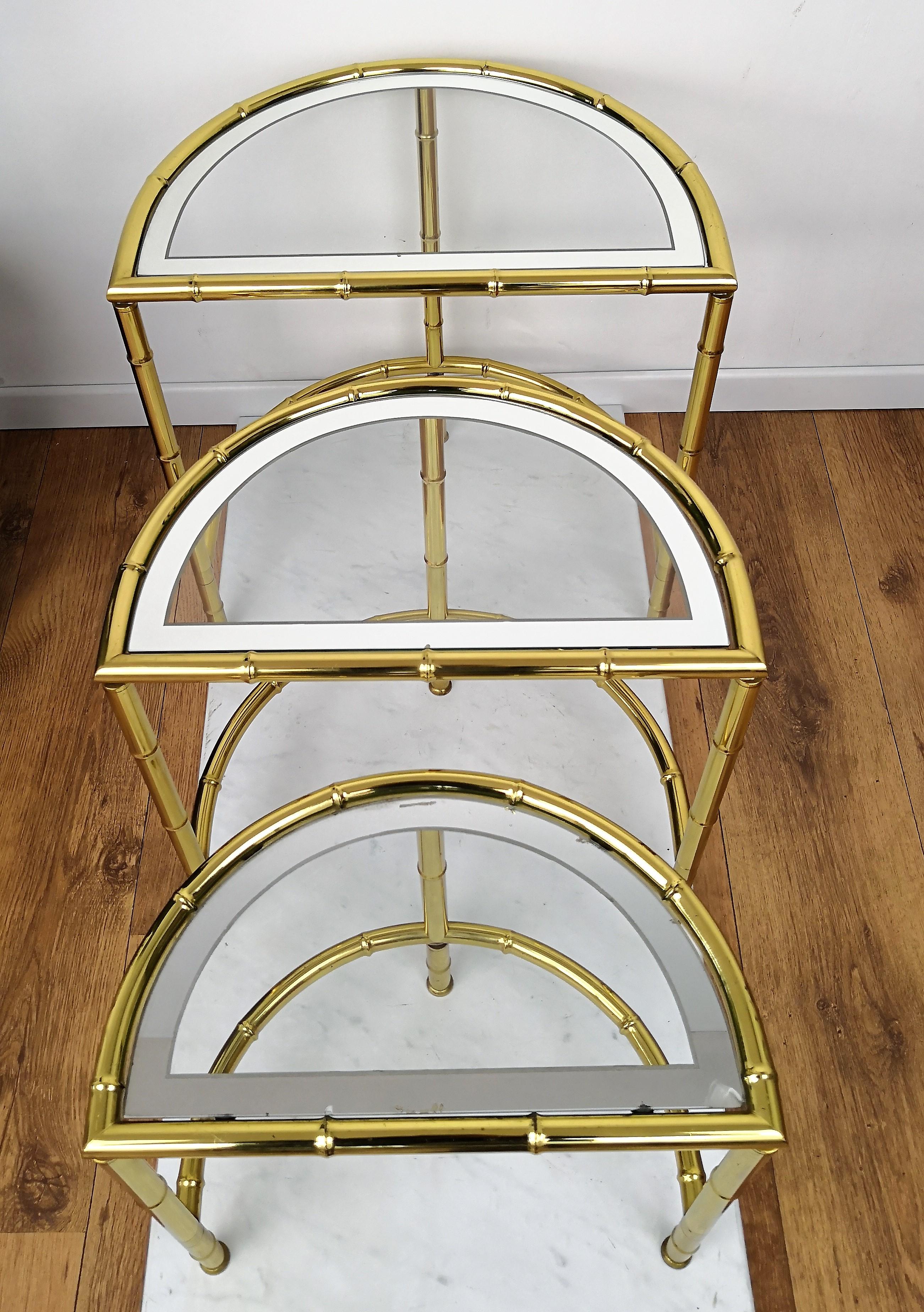 20th Century Brass and Mirror Glass Bamboo Hollywood Regency Nesting Round Coffee Tables