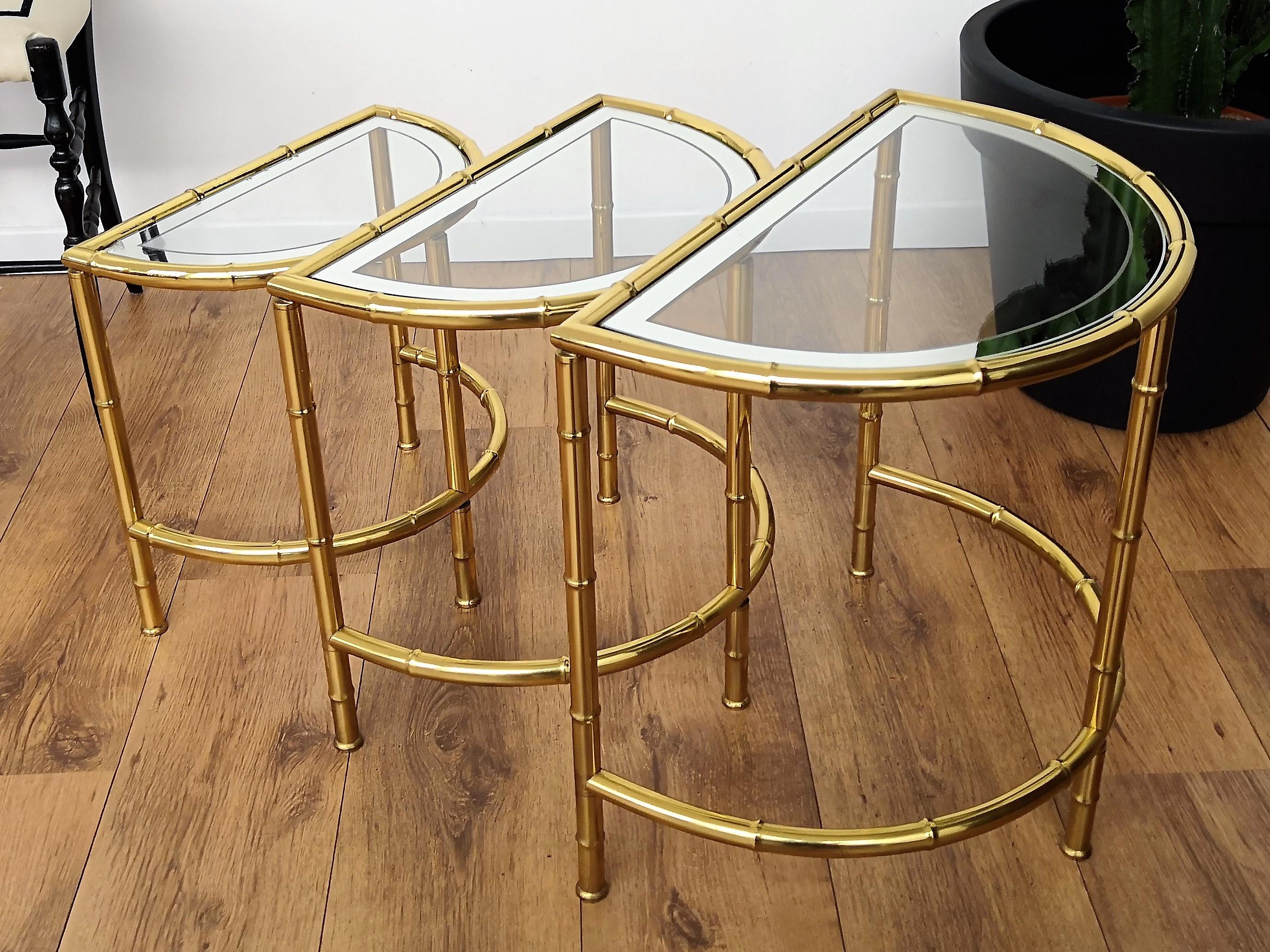 Brass and Mirror Glass Bamboo Hollywood Regency Nesting Round Coffee Tables 1