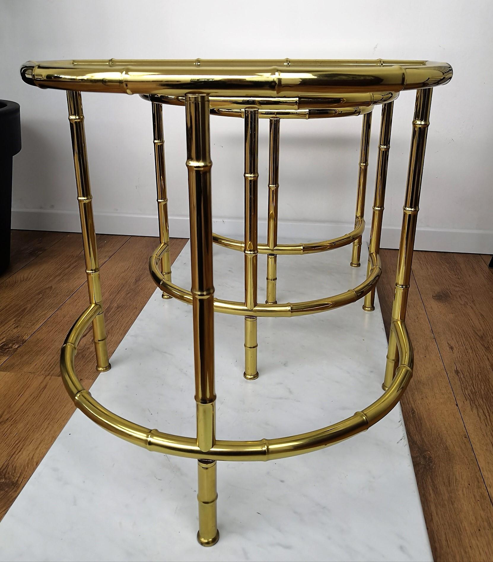 Brass and Mirror Glass Bamboo Hollywood Regency Nesting Round Coffee Tables 2