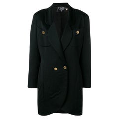 80s Chanel long black wool jacket with golden logoed buttons