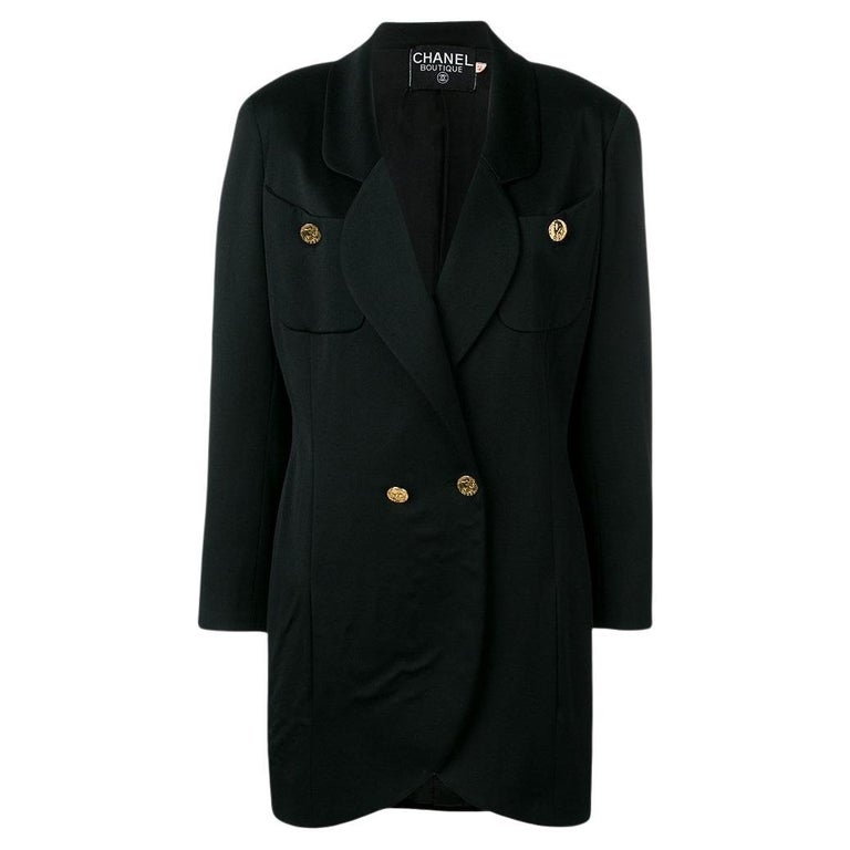 80s Chanel long black wool jacket with golden logoed buttons For Sale ...