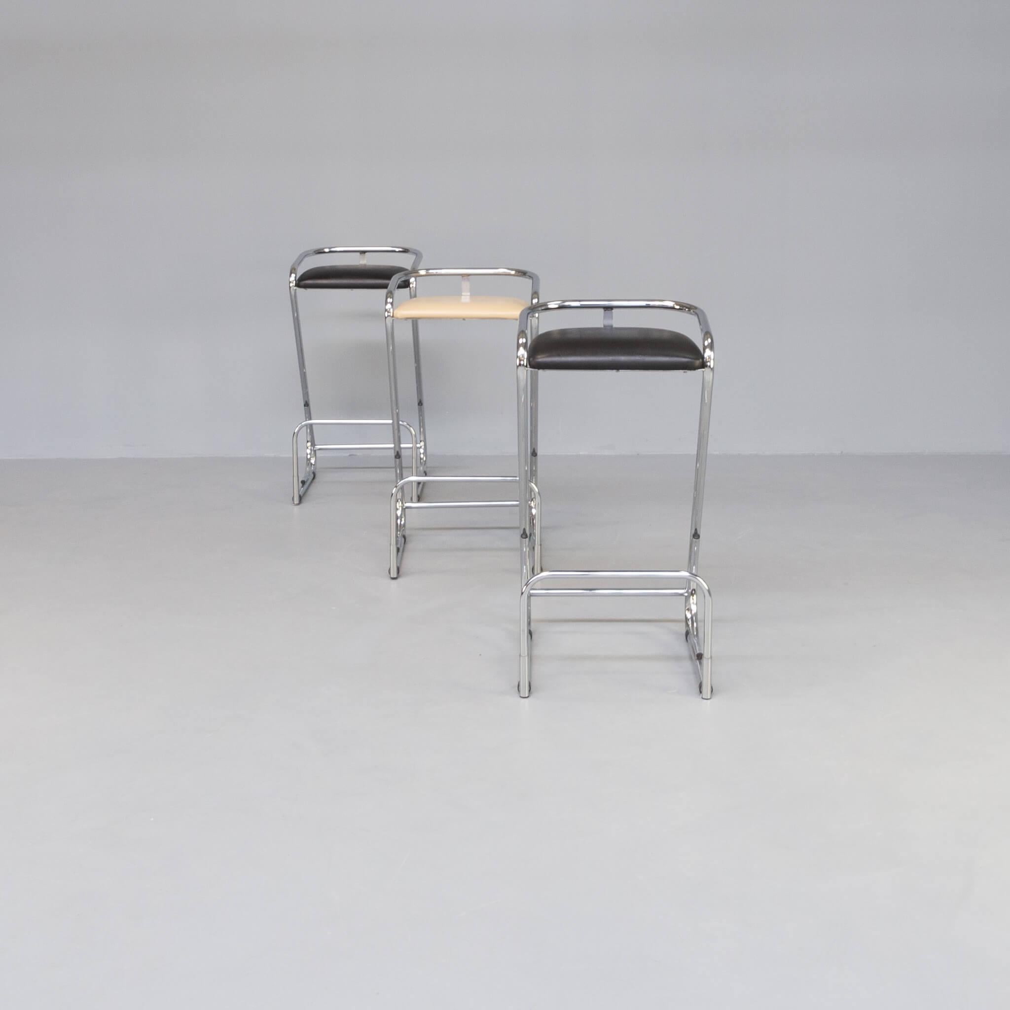One set of 3 barstools with nice footrest. Chromed tubular steel and skai seating make these stools complete and comfortable to sit on.