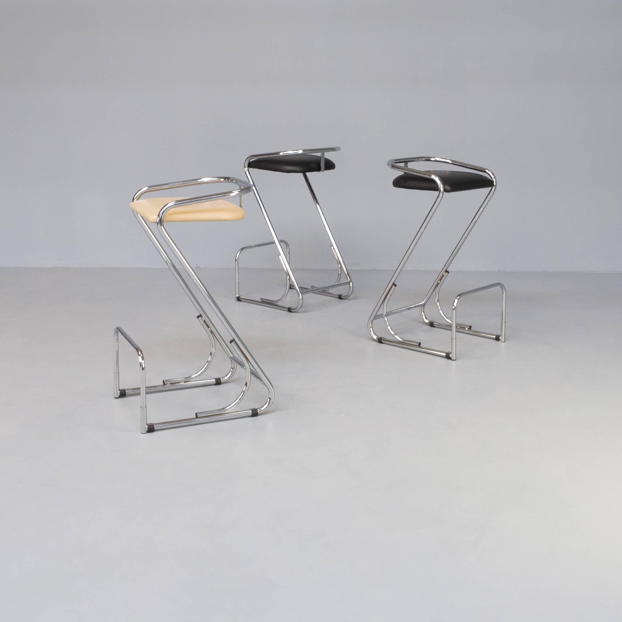 Dutch 80s chrome and skai barstool with footrest set/3 For Sale
