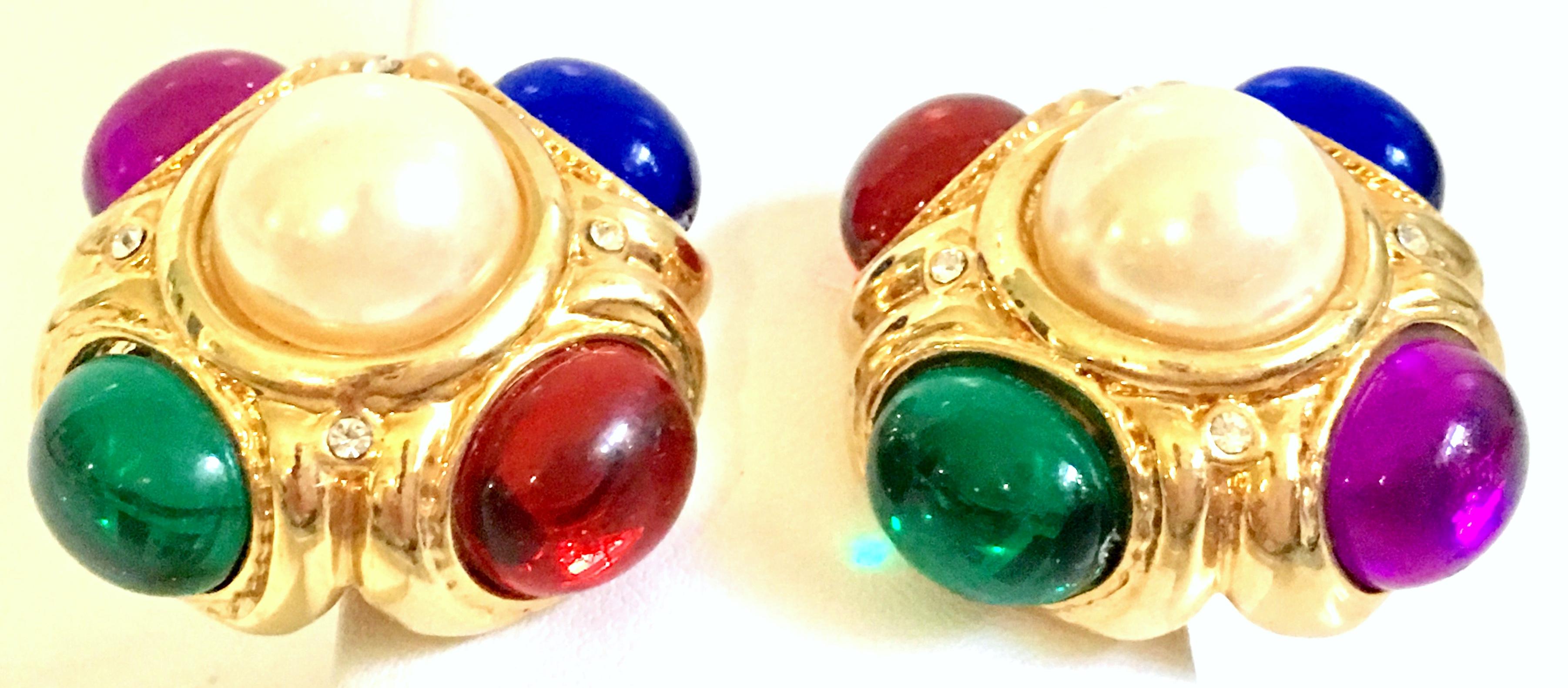 Women's or Men's 80'S Ciner Style Gold Poured Glass & Pearl Rhinestone Earrings For Sale