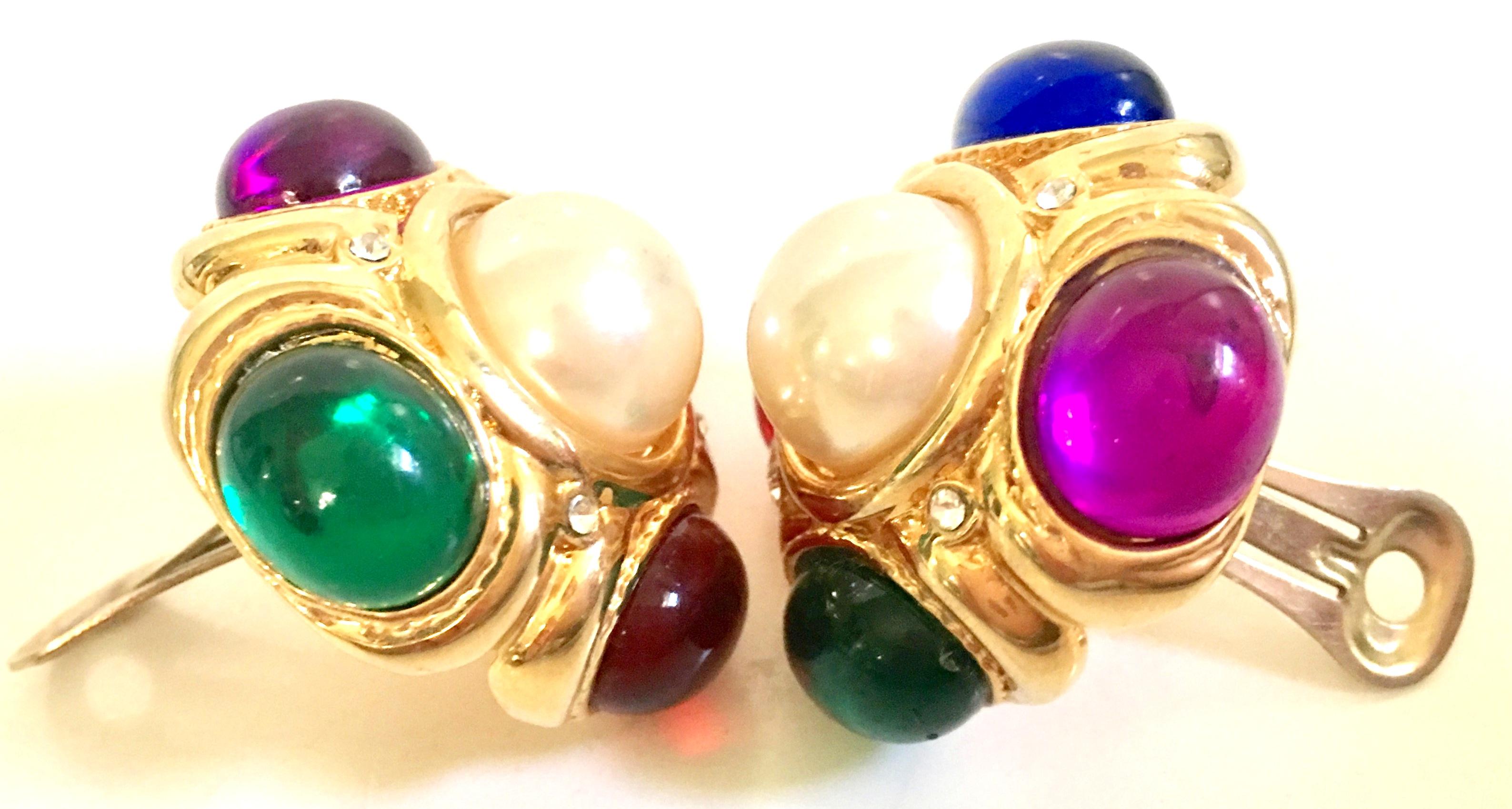80'S Ciner Style Gold Poured Glass & Pearl Rhinestone Earrings For Sale 1
