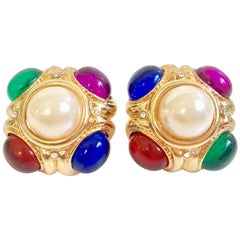 80
S Ciner Style Gold Poured Glass 
Pearl Rhinestone Earrings