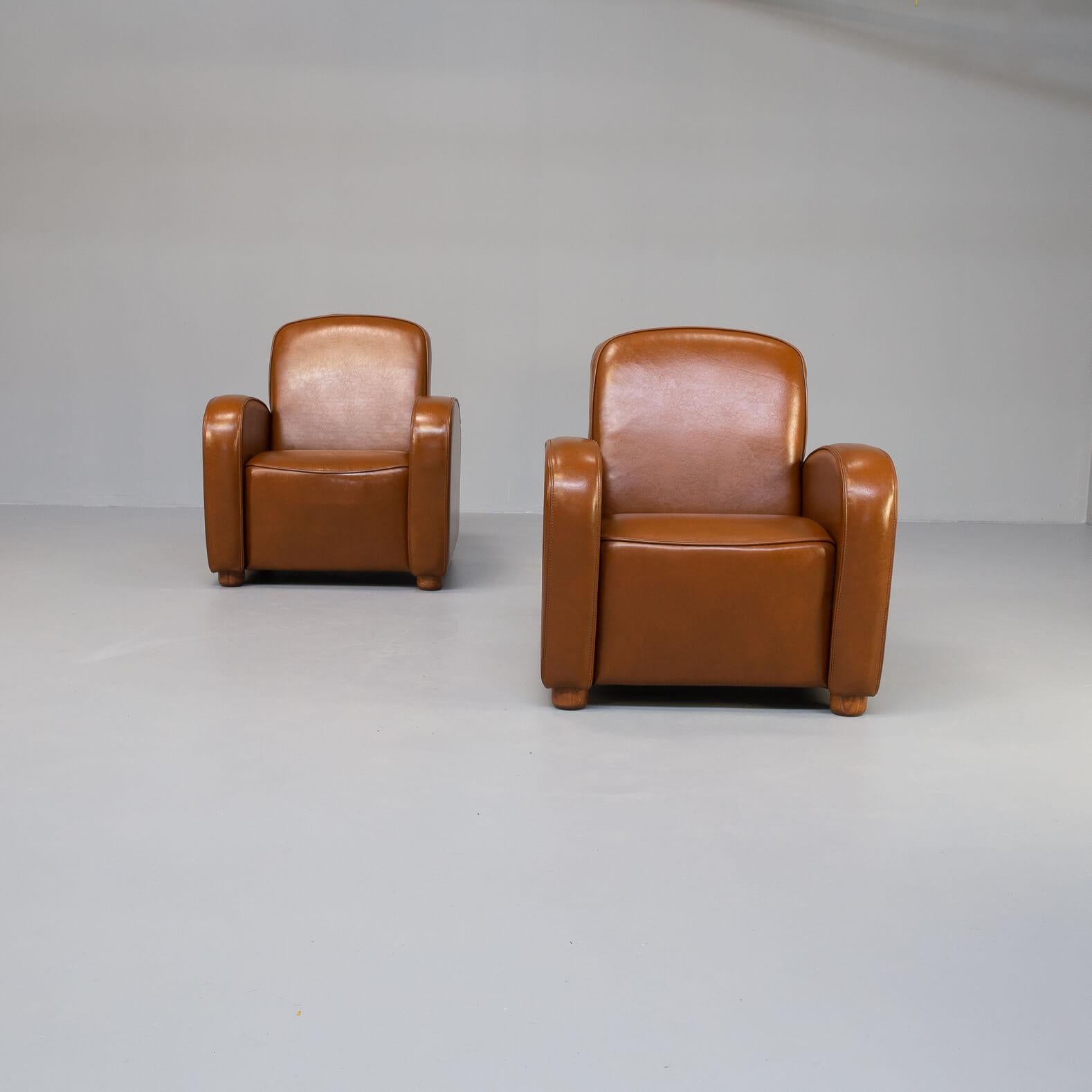 Post-Modern 80s Cognac Leather Club Fauteuils for Idp Italia Set / 2 For Sale