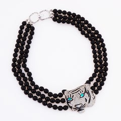 80s Crystal Pavé Tiger Head Necklace With Three Strands Of Beads By Les Bernard