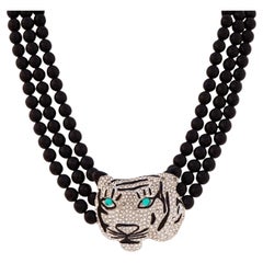 Retro 80s Crystal Pavé Tiger Head Necklace With Three Strands Of Beads By Les Bernard
