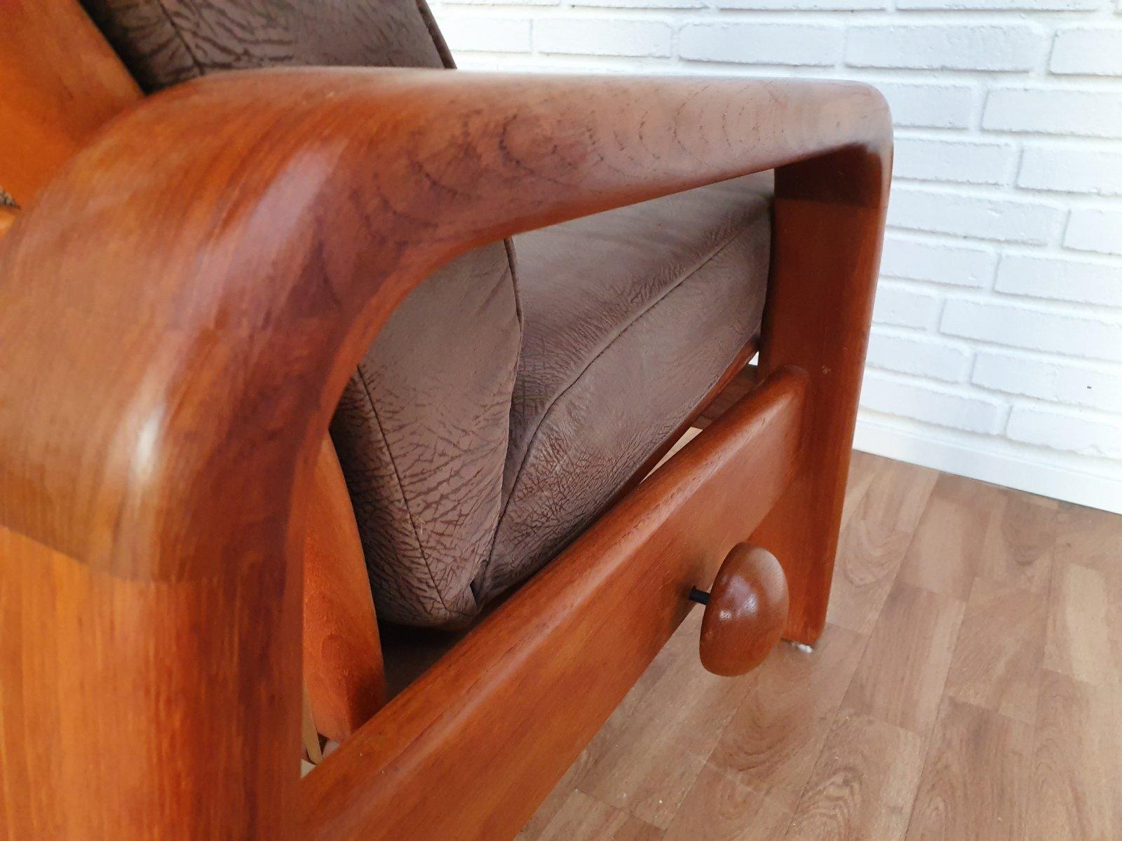 80s, Danish Adjustable Lounge Chair, Hs Design, Nubuck Leather, Solid Teak Wood For Sale 4