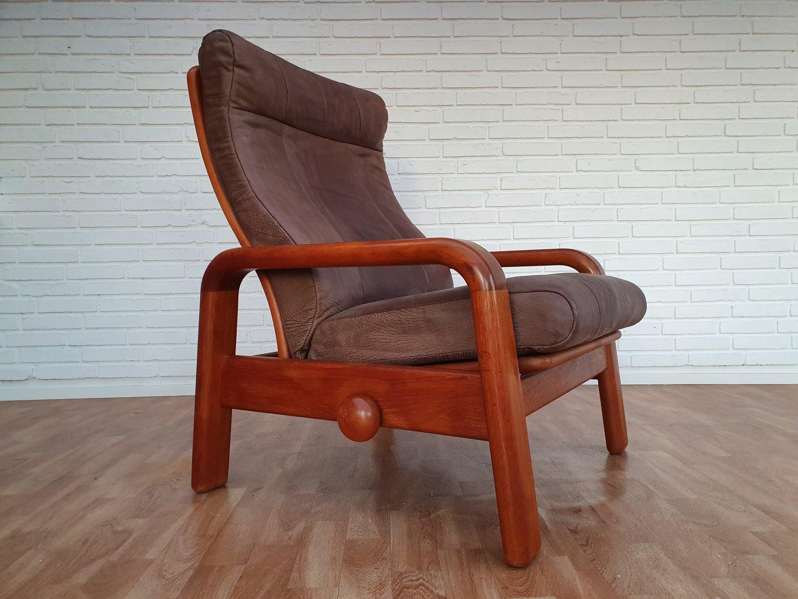 Danois Fauteuil de salon danois réglable des années 1980, design Hs, cuir nubuck, bois de teck massif en vente