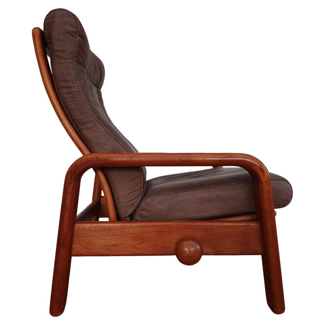 80s, Danish Adjustable Lounge Chair, Hs Design, Nubuck Leather, Solid Teak Wood For Sale