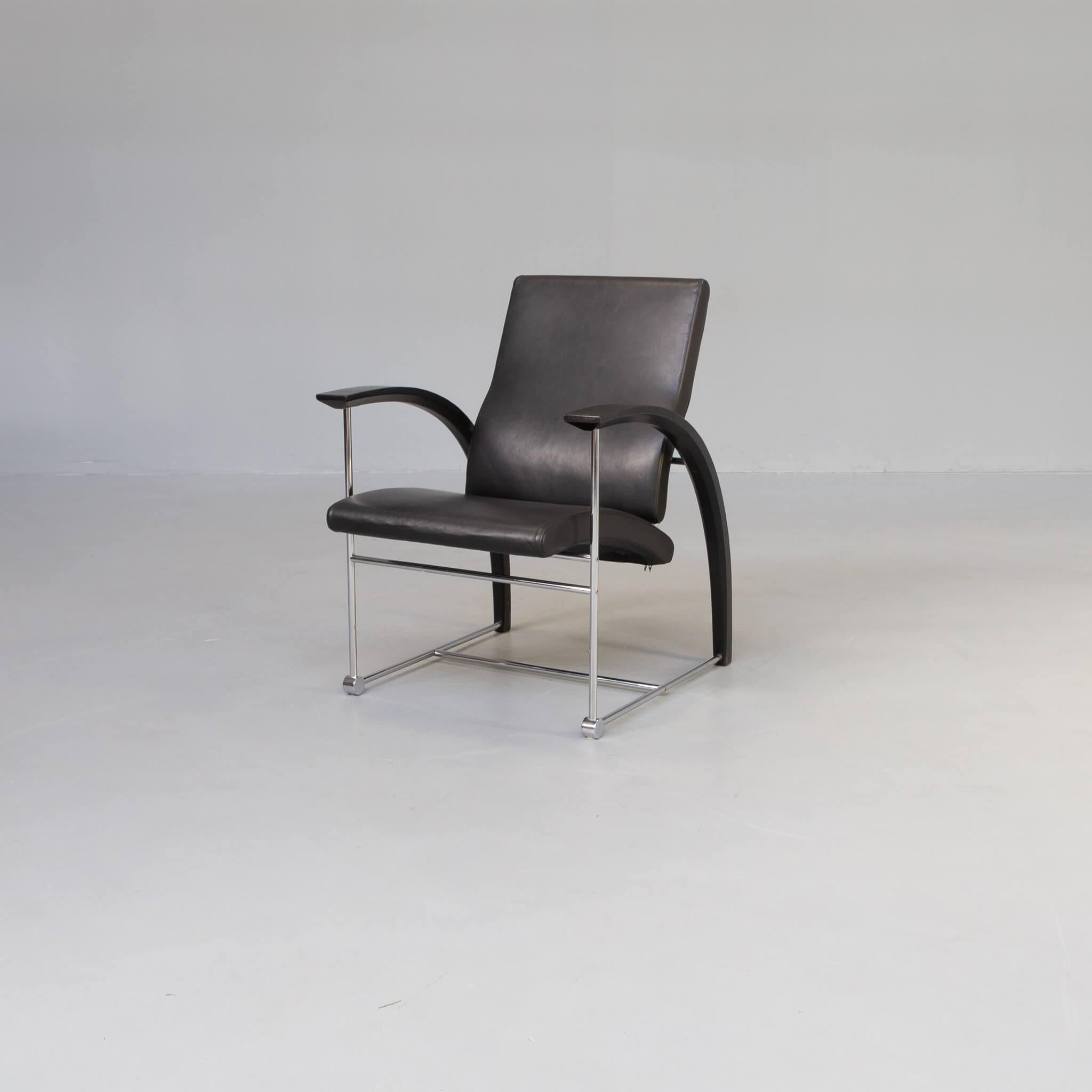Very beautiful design lounge chair. The chromed frame carries the chair and is well detailed build on. The armrest run all over the frame and the skai seat makes relaxing a party. Good condition consistent with age and use.