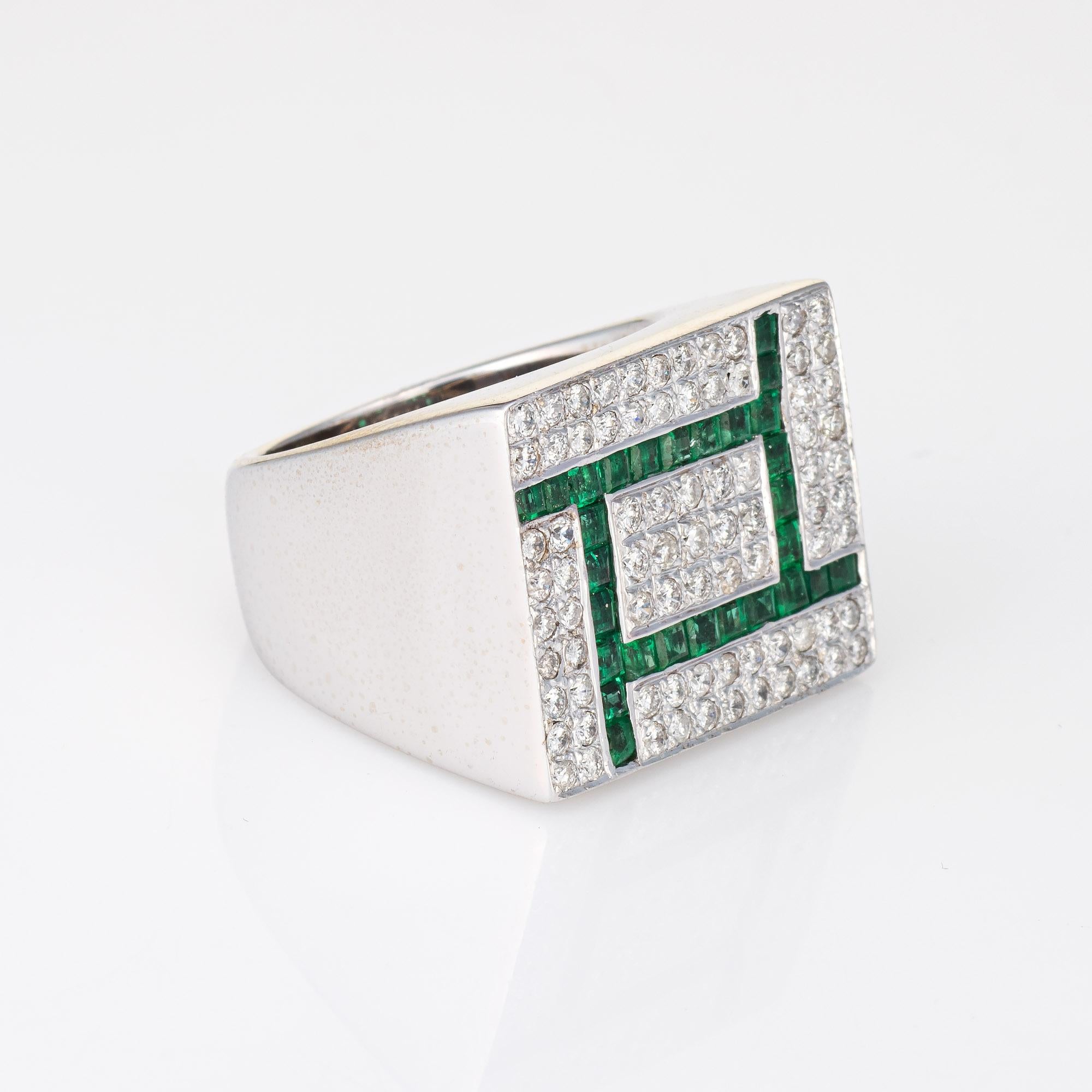 Modern 80s Diamond Emerald Ring Vintage 18k White Gold Square Cocktail Sz 7 Jewelry