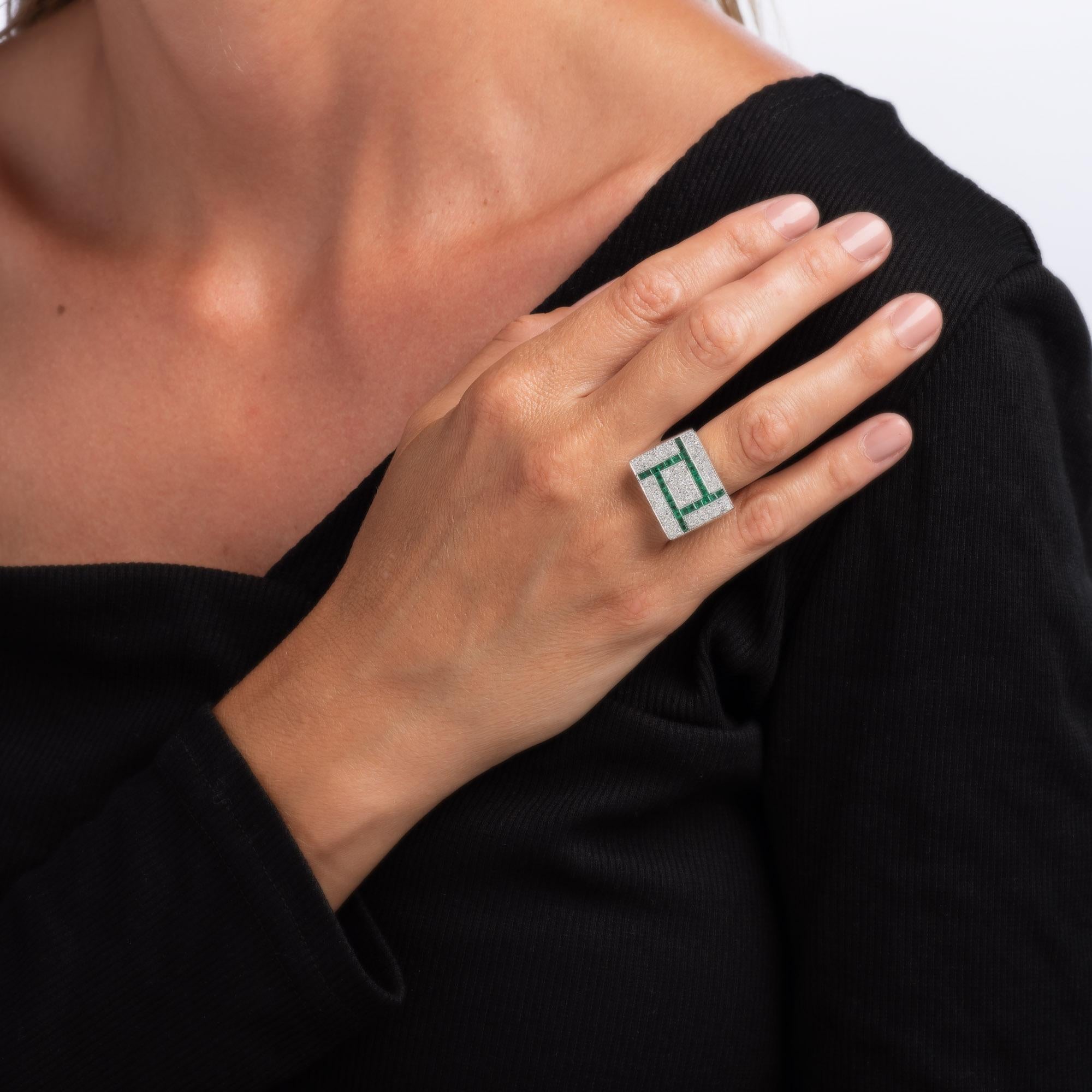Women's 80s Diamond Emerald Ring Vintage 18k White Gold Square Cocktail Sz 7 Jewelry