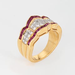 80s Diamond Ruby Ring Sz 6.5 Wide Band Vintage 18k Yellow Gold Fine Jewelry