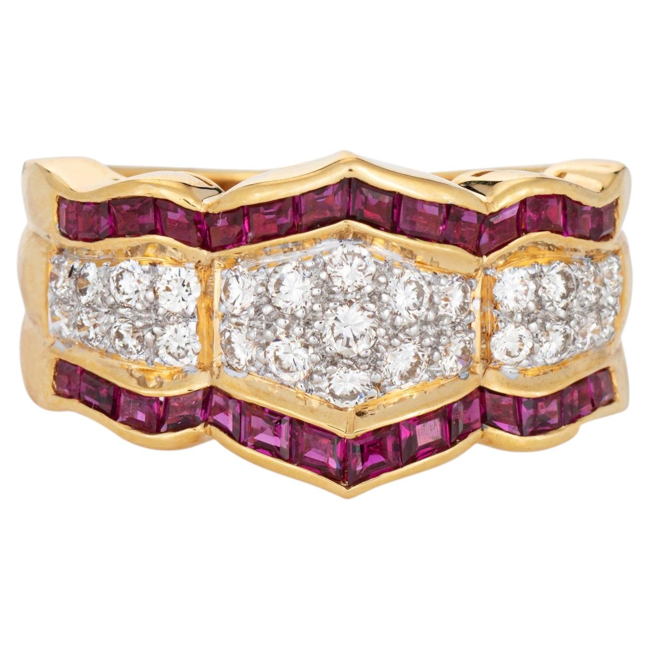 80s Bague Diamant Rubis Sz 6.5 Large Bande Vintage 18k Yellow Gold Fine Jewelry