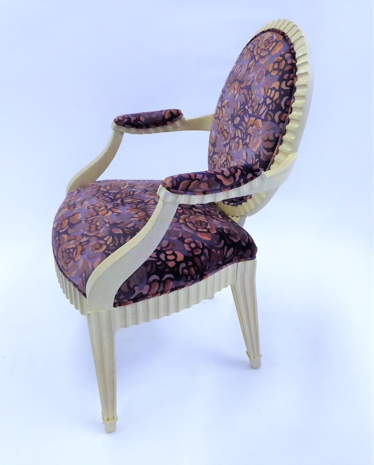 John Hutton's Grande Flute Fauteuil design for Donghia, this 1980s fluted and cerused armchair is magnificent. Newly upholstered in vintage Jack Lenor Larsen modern floral velvet and with a leather upholstered back. As seen in the pictures, there