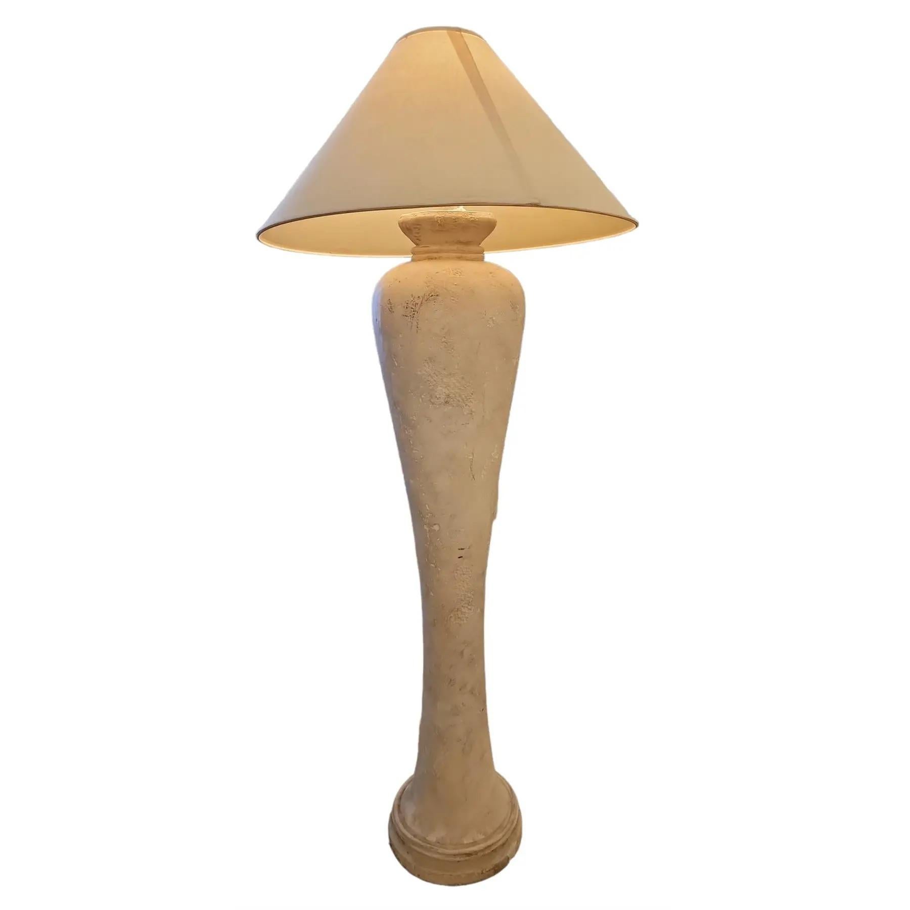 (Shade not included) 80s Earthy Gloor Lamp With Linen Shade  62inches high. This tall and slender floor lamp has great texture from base to top. The linen shade is a great touch of style to the lamp.
