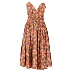 80s Elizabeth Wessel dove grey cotton strapless dress with orange floral print.
