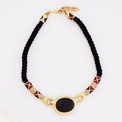 80s Enamel and Black Cabochon "Directives" Necklace With Twisted Cord By Monet