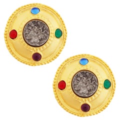Vintage '80s Etruscan Roman Coin Statement Earrings w Colored Glass Cabochons By Blanca