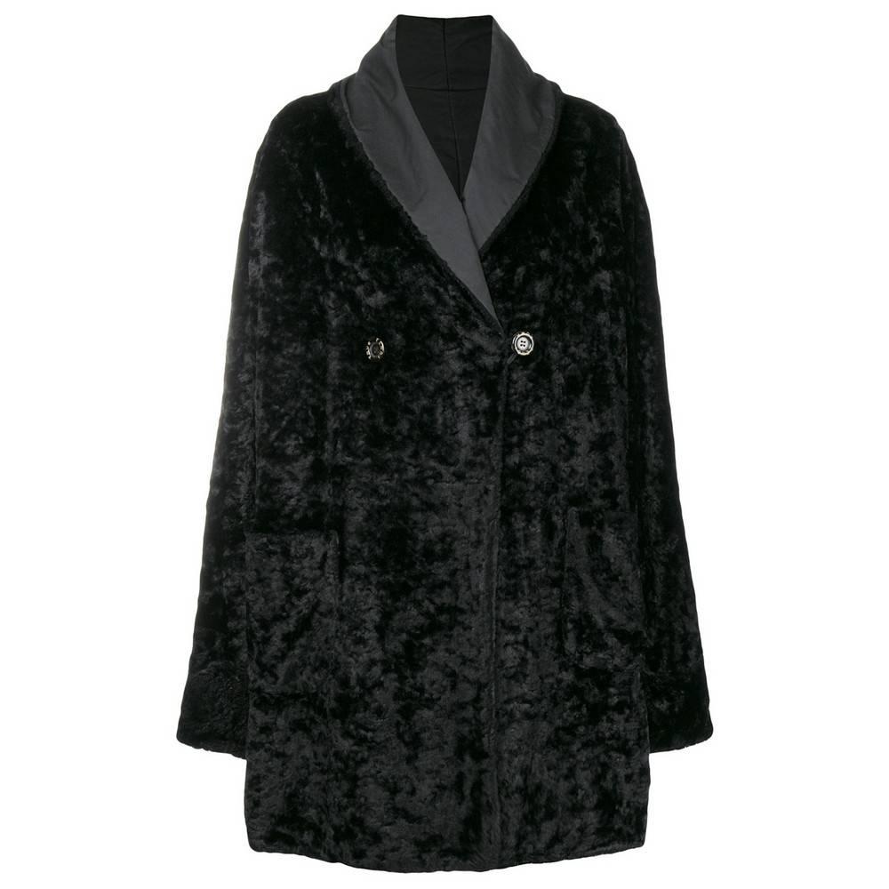 80s Fendi black faux fur and rayon double-breasted and double-face coat