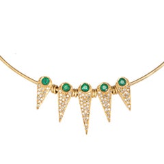 80s French Import Emerald Diamond Spike Necklace Collar 14k Yellow Gold Jewelry