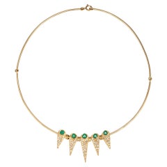 80s French Import Emerald Diamond Spike Necklace Collar 14k Yellow Gold Jewelry