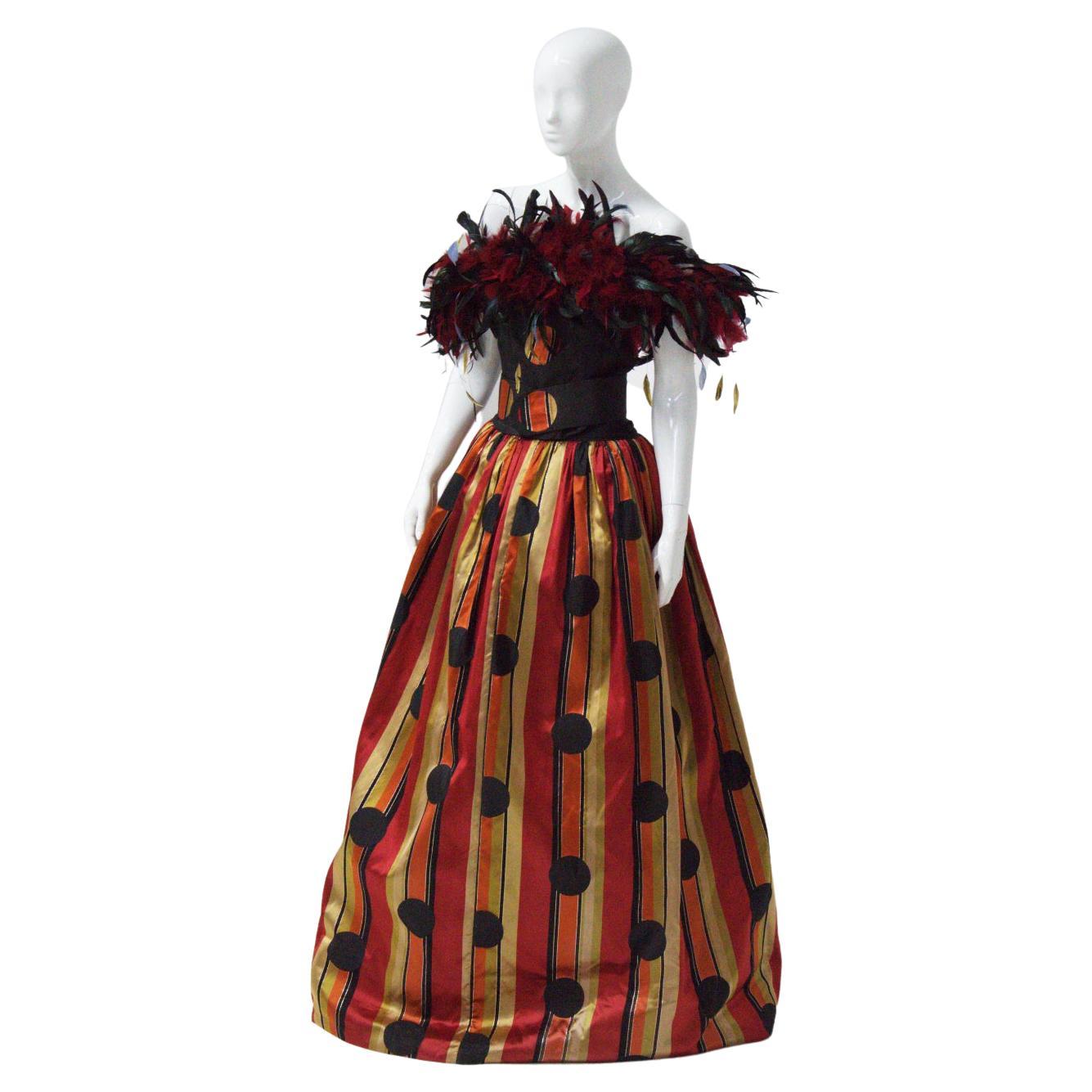 80s Fürstenberg Couture Eccentric Evening Dress with Plumes For Sale