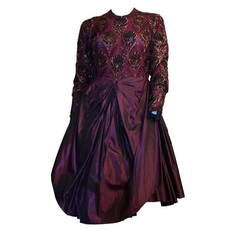 Black 80s Galanos Purple Lace Cocktail Dress  For Sale