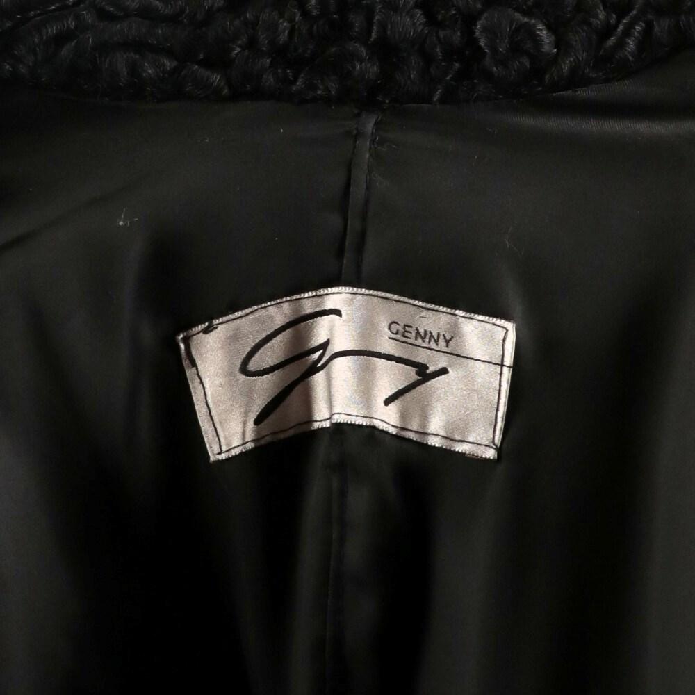 Women's 80s Genny Vintage black leather open coat with astrakhan fur