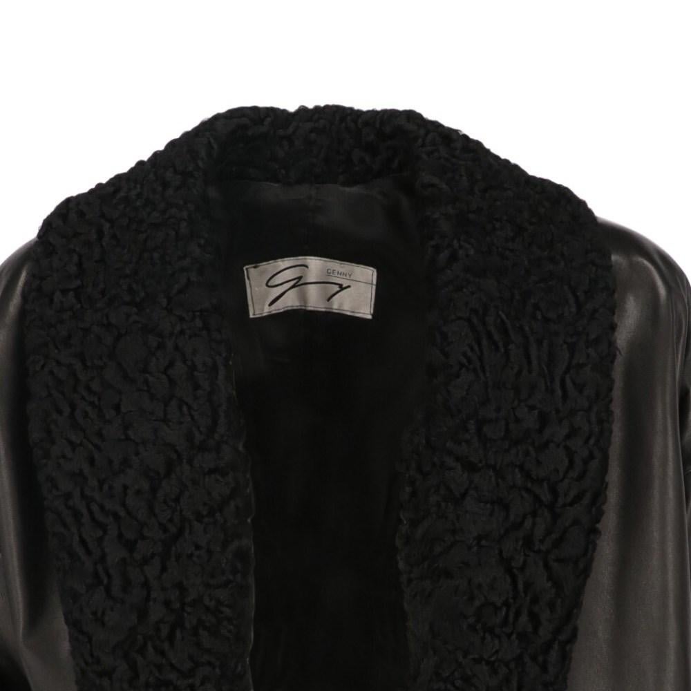 80s Genny Vintage black leather open coat with astrakhan fur 1