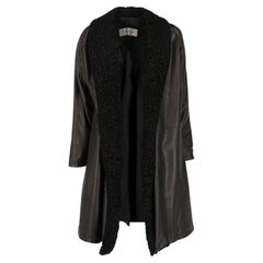 80s Genny Vintage black leather open coat with astrakhan fur