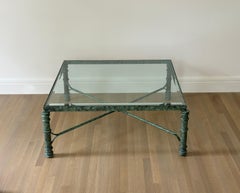 80s Giacometti Style Forged Aluminum / Faux Verdigris Square Glass Coffee Table