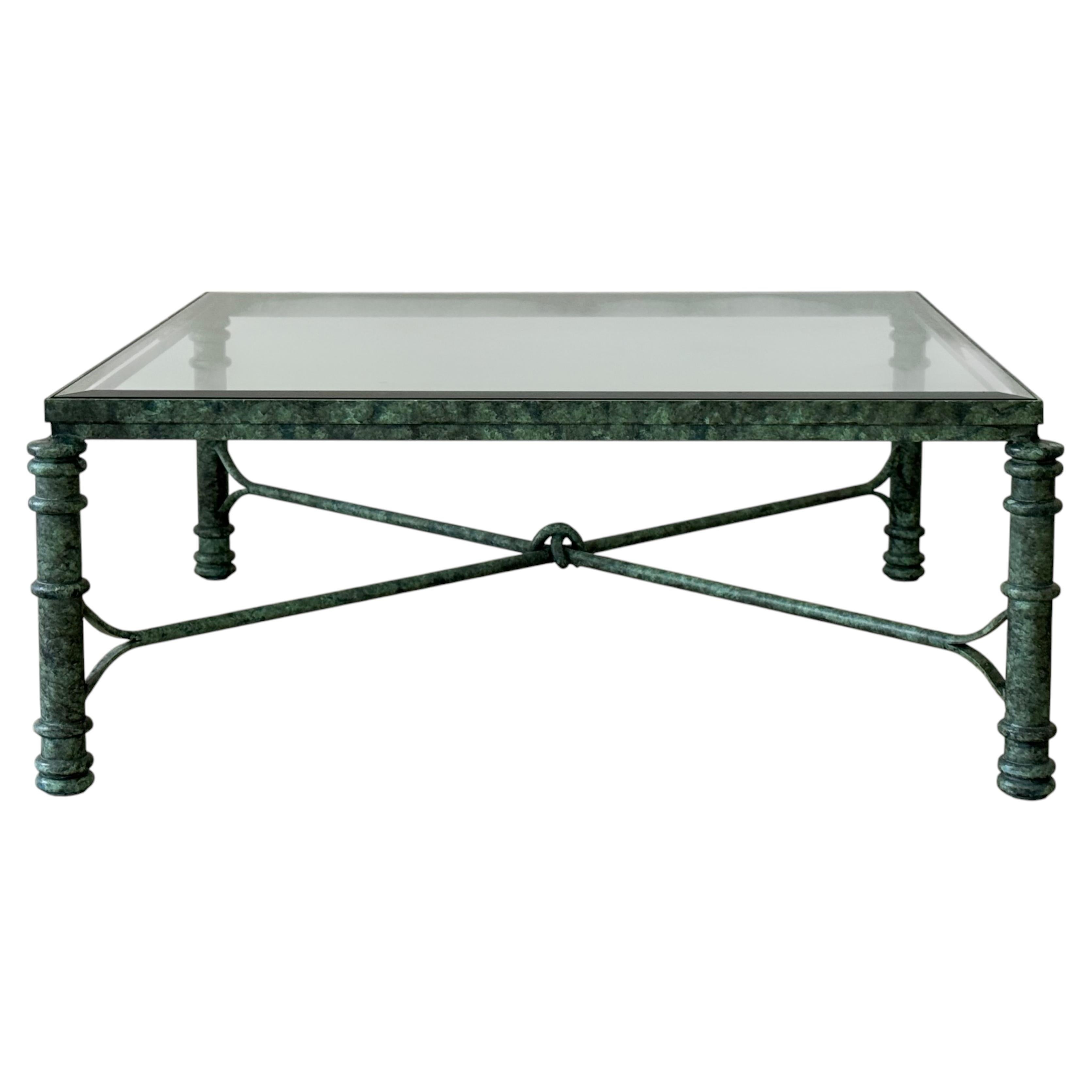 80s Giacometti Style Forged Aluminum / Faux Verdigris Square Glass Coffee Table