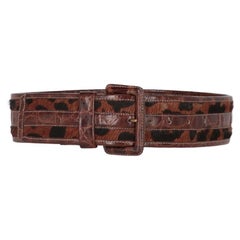 80s Gianfranco Ferré Vintage brown printed leather belt with pony skin details
