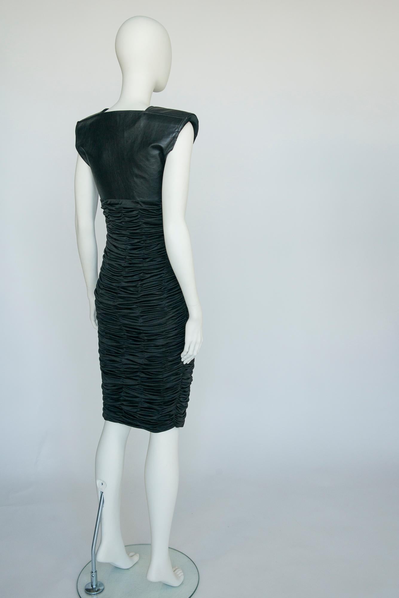 Documented Gianni Versace Paneled Leather & Ruched Stretch-Jersey Dress, SS1987 For Sale 6