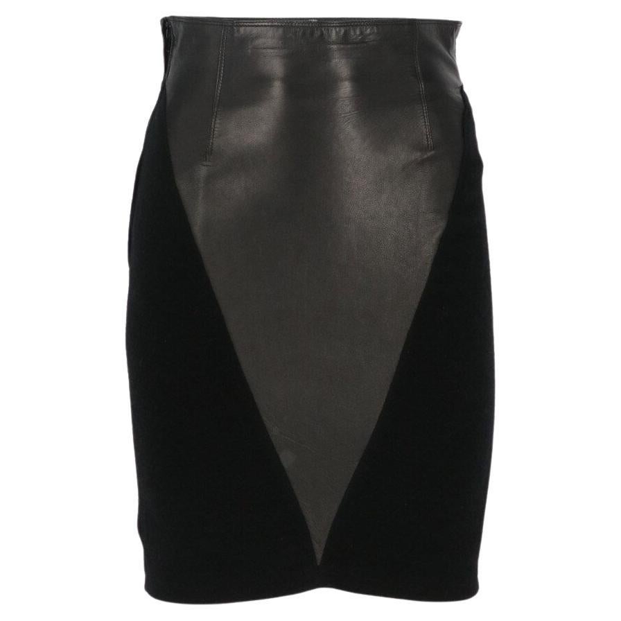 80s Gianni Versace Vintage black leather skirt with wool inserts For Sale
