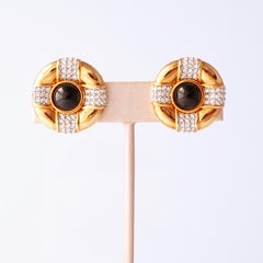 80s Gilt & Crystal Pavé Button Earrings With Onyx Glass Cabochons By Swarovski