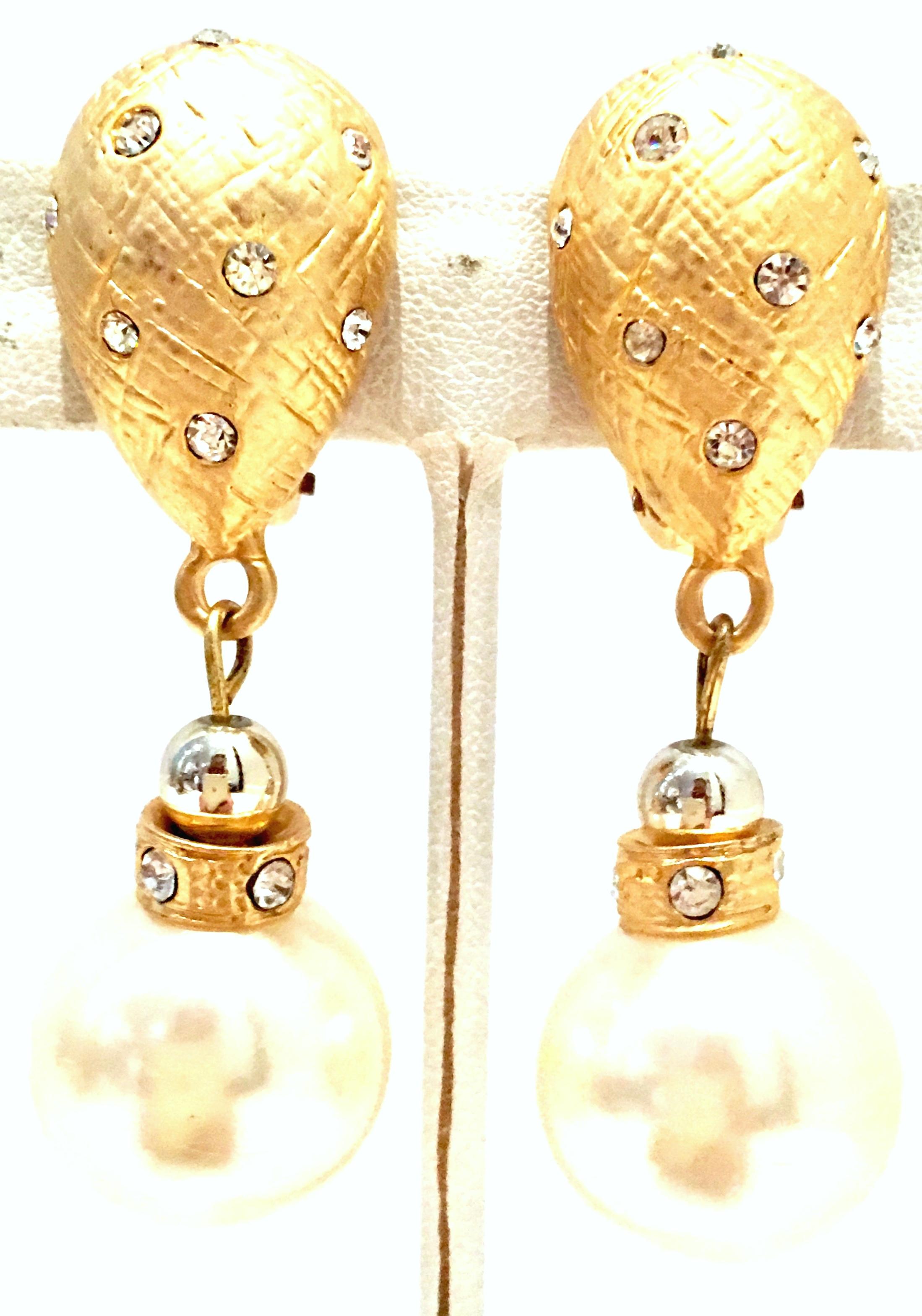 1980'S Brushed Gold Plate, Chrome, Faux Pearl Bead & Swarovski Crystal Rhinestone Drop Earrings By, Christian Dior. Originally part of a set where the necklace was signed the earrings are not signed.