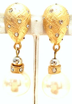 80'S Gold & Faux Pearl Bead Swarovski Crystal Drop Earrings By, Christian Dior
