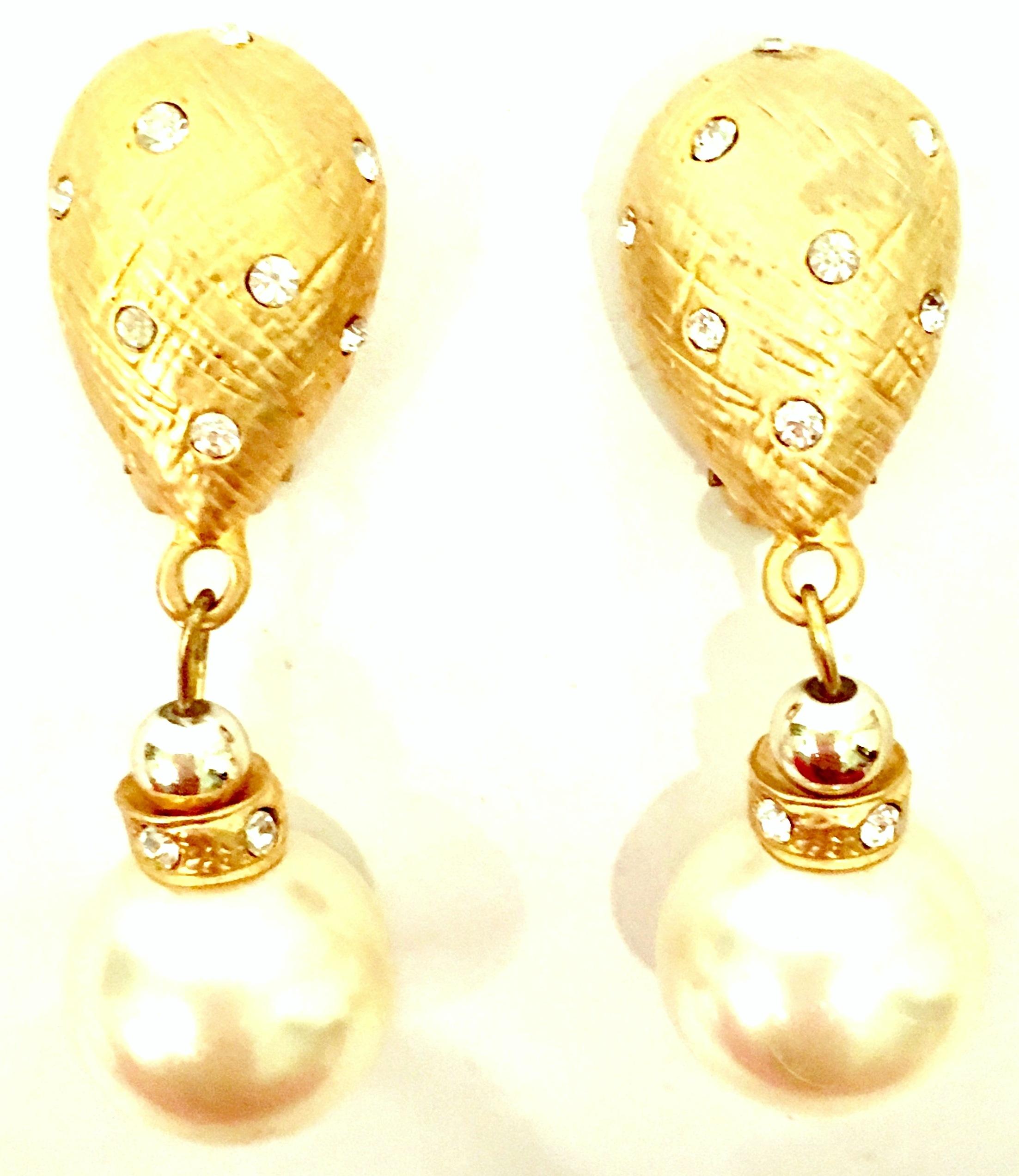 1980'S Brushed Gold Plate, Chrome, Faux Pearl Bead & Swarovski Crystal Rhinestone Drop Earrings By, Christian Dior. Originally part of a set where the necklace was signed the earrings are not signed.