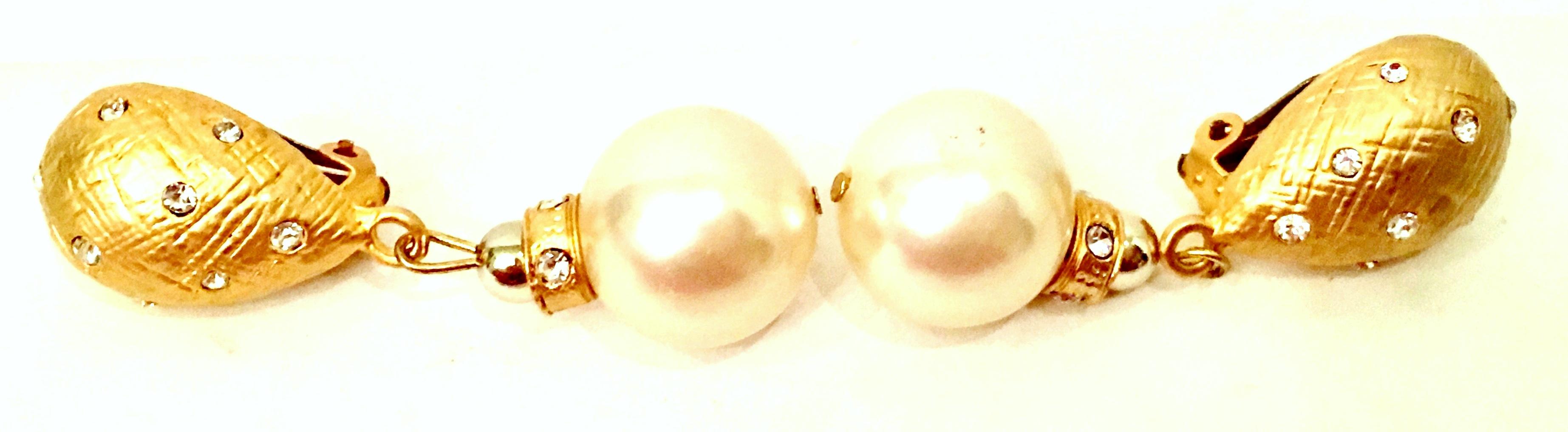 80'S Gold & Faux Pearl Bead Swarovski Crystal Drop Earrings By, Christian Dior In Good Condition For Sale In West Palm Beach, FL